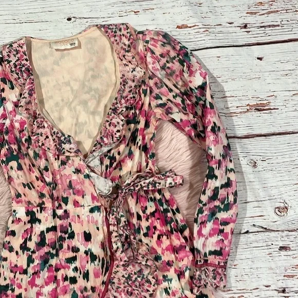 Rococo Sand Mimi Ruffle Trim Long Sleeve Mini Wrap Dress Pink Floral Barbiecore - Picture 7 of 11